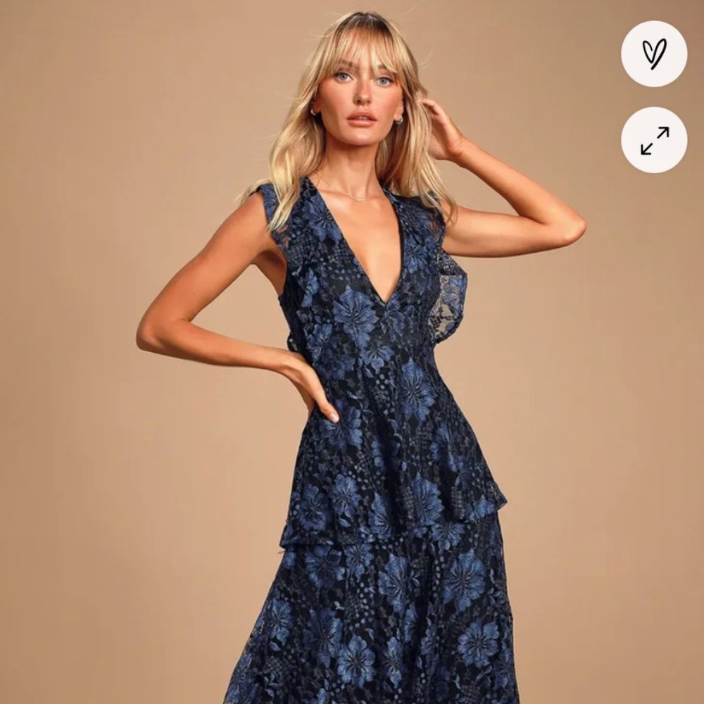 Lulus Molinetto Navy Blue Lace Ruffled Tiered Sleeveless Maxi Dress